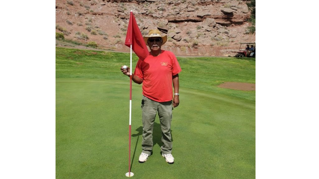 Photo courtesy of Robbie KoerperichLeonard Lee aced hole No. 7 on Sunday, July 19, at the Hidden Cove Golf Course in Holbrook. Witnesses Kim Belknap and Reggie Tsosie celebrated the unique happenings with Leonard “The Pro” Lee.