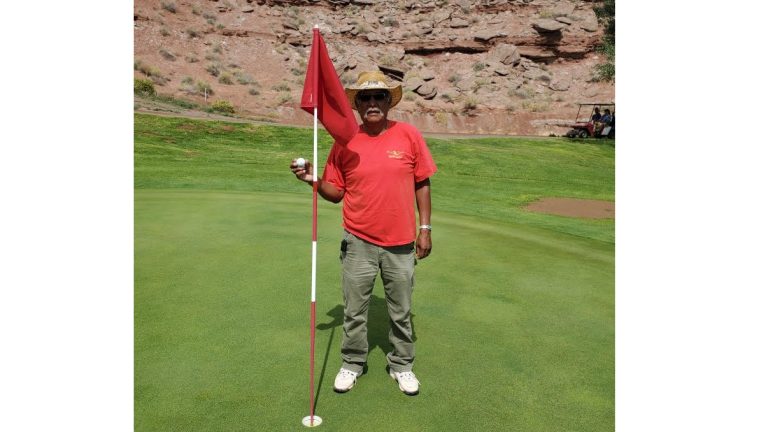 Photo courtesy of Robbie KoerperichLeonard Lee aced hole No. 7 on Sunday, July 19, at the Hidden Cove Golf Course in Holbrook. Witnesses Kim Belknap and Reggie Tsosie celebrated the unique happenings with Leonard “The Pro” Lee.