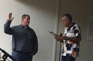 Photo courtesy of the Joseph City Unified School DistrictThe Joseph City Unified School District Governing Board President Karsten Flake (right) swore in new board member Andrew Bushman (left) during its meeting last week.