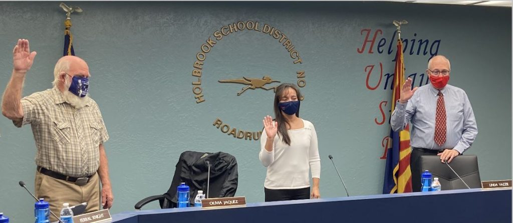 Photo Courtesy of the Holbrook Unified School DistrictThe HUSD board swore in returning members of the board including (left to right) board member Ferral Knight, President Olivia Jaquez and board member Craig Stuart. They were sworn in by Vice President Linda Yazzie.