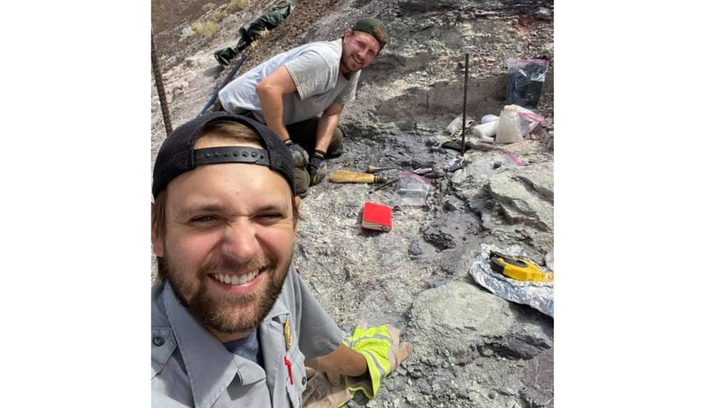 Photo by Adam MarshPaleontologists Adam Marsh (left) and Ben Kligman (right) with the Petrified Forest National Park are hard at work in a bonebed of a bathtub-sized Triassic amphibian called a metoposaur. The paleontologists are preparing one in the public demonstration lab for visitors to observe from 9 a.m. to 3 p.m., Wednesday through Sunday.