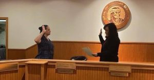 Photo courtesy of Navajo County Krista Wilkinson (left), a resident of Holbrook and long-time employee with the Precinct One Holbrook Justice Court, was sworn in as magistrate last week by Melissa Buckley, clerk of the Navajo County Board of Supervisors. Wilkinson is stepping in to fill the position left by Evelyn Marez who retired from the position at the end of the year. Wilkinson will complete the remainder of Marez’s term, which will end in 2022.