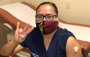 Photo courtesy of Dr. Michelle TomWinslow Indian Health Care Center’s Dr. Michelle Tom received her second dose of the Pfizer COVID-19 vaccine Jan. 6.