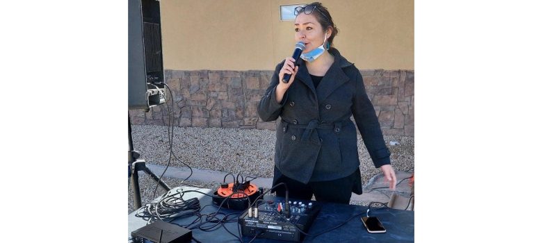 Photo by L. ParsonsWinslow Mayor Roberta “Birdie” Cano played disc jockey at a recent COVID-19 vaccination event. Winslow Indian Health Care Center (WIHCC) hosted the event and vaccinated over 700 WIHCC patients over the age of 18.