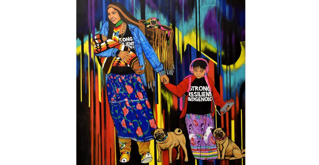 Photo courtesy of Northland Pioneer CollegeDeClay’s “Strong, Resilient, Indigenous” a 6 x 6-foot acrylic on canvas is now on display at NPC’s Talon Gallery. The entire collection is now viewable online through March 31.