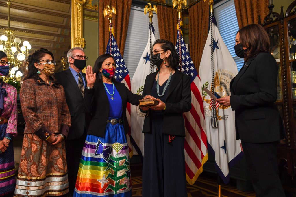 Photo by Tami Heilemann/Department of the InteriorWith her family by her side, Department of the Interior Secretary Deb Haaland (fourth from the left) was sworn in last week by Vice President Kamala Harris (second from the right). A member of the New Mexico's Laguna Pueblo, Haaland is the first Native American Cabinet secretary in U.S. history.