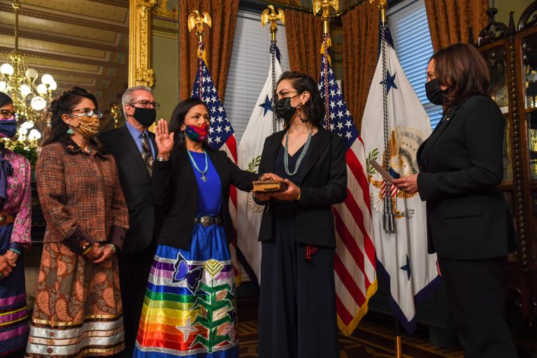 Photo by Tami Heilemann/Department of the InteriorWith her family by her side, Department of the Interior Secretary Deb Haaland (fourth from the left) was sworn in last week by Vice President Kamala Harris (second from the right). A member of the New Mexico's Laguna Pueblo, Haaland is the first Native American Cabinet secretary in U.S. history.