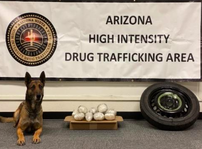 Photo courtesy of the Navajo County Sheriff’s OfficeNCSO K-9 Zolton is shown here with his find of $400,000 in methamphetamine during a traffic stop.