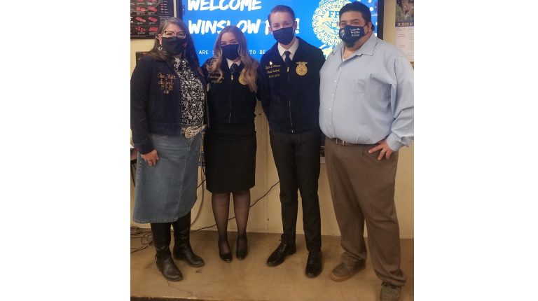 Photo courtesy of Winslow High SchoolThe Winslow High School Future Farmers of America (FFA) members were visited by State FFA Secretary Paige Johnson (second from left) and Sentinel Dylan Gilmore (second from right). Welcoming them were interim Superintendent Connie Gover (left) who donned her own FFA jacket and sponsor Daniel Tafoya (right).