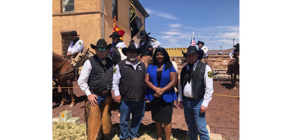 Photos by Linda KorCoral Evans (second from the right), the regional director for Northern Arizona for Senator Mark Kelly, was on hand for the swearing in of the Hashknife Posse at the Historic Navajo County Courthouse for the annual Pony Express Ride. Also pictured are posse members (left to right) Steve Reynolds, Captain Mark Reynolds and Pat Nichols.