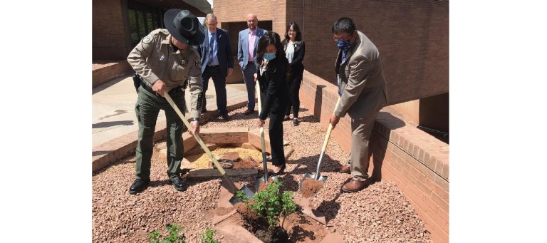 Photo courtesy of Navajo CountyNavajo County officials proclaimed April 27 the “Day of Remembrance,” for all those residents who suffered and lost their lives due to COVID-19. Taking part in the planting of a remembrance rose bush at the Navajo County Governmental Complex in Holbrook were (left to right) Sheriff David Clouse, County Manager Glenn Kephart, Supervisor Jason Whiting, Vice Chairwoman Dawnafe Whitesinger, Health Director Janelle Linn and Supervisor Alberto L. Peshlakai, as well as other elected officials.