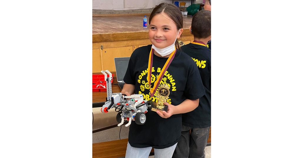 Photo by James McKinneyBonnie Brennan Elementary School in Winslow held a Lego and Robotics League tournament last week with Ryane McKinney (pictured) collecting a first place trophy with her fourth grade team from Steven Brodt’s class.