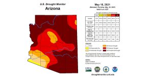Map courtesy U.S. Drought MonitorMore than half of Arizona shown in dark red was in the “exceptional” drought category, the most severe, on May 18, according to the U.S. Drought Monitor.