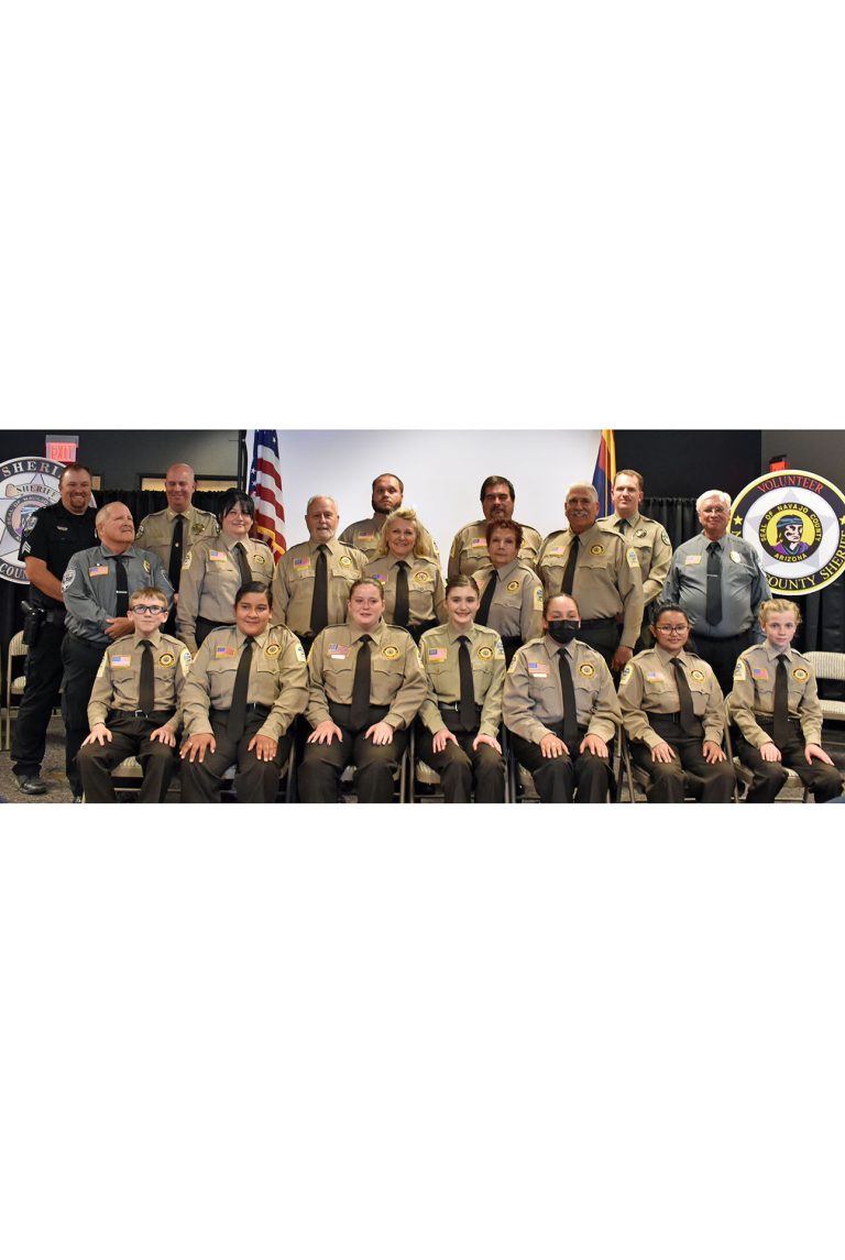 Photo courtesy of the Navajo County Auxiliary VolunteersThose graduating and taking part in the graduation of the 30th SAV graduation include (front row, left to right) Aidan Williamson, Marybell Ruales, Alison Hearn, Cienna Freman, Karter Dahkoshay, Lori Nelson, Sophie Hamblin, (middle row) Warn Bunyan, Cayce Garcia, Larry Stone, Renee Norman, Ernestina Payne, Jeremy Kitabjian, Tim Newell, (back row) St. Johns Sgt. Ty Bond, NCSO Chief Brian Swanty, Josh Bechtol, Nathan King and NCSO Sheriff David Clouse.