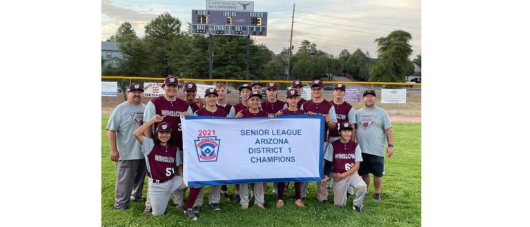 Photo by Winslow Little LeagueWinslow Little League Seniors are District 1 Champions following a win over Payson (11-2) last Tuesday night. They will move on to the state tournament in Sierra Vista beginning Friday, July 9. The team, consisting of boys aged 15-16 include (front row, left to right) Adrian Torres, David Romero, (middle row) Rudy Gonzalez, Iszaiah Romero-Cortez, Kane Ybarra, Chris Caldera, Zack Shumway, (back row) Coach Kendal Ybarra, Isaiah Farris, Keaton Kislingbury, Parker Stubblefield, Todd Stubblefield, Jake Barton, Justus Martin, Brendan Knight and Coach Derek Knight.