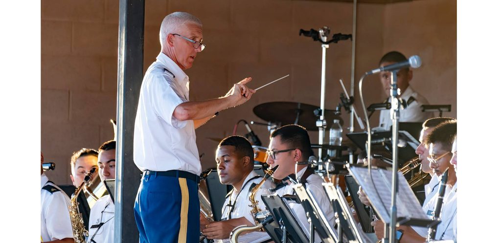 Photo by Jim BuckleyThe Arizona National Guard sent their 108th Army Band to perform in Winslow last week. Around 30 people attended the event at the Eagle Pavilion and witnessed Cpl. Pierson play patriotic and popular songs.