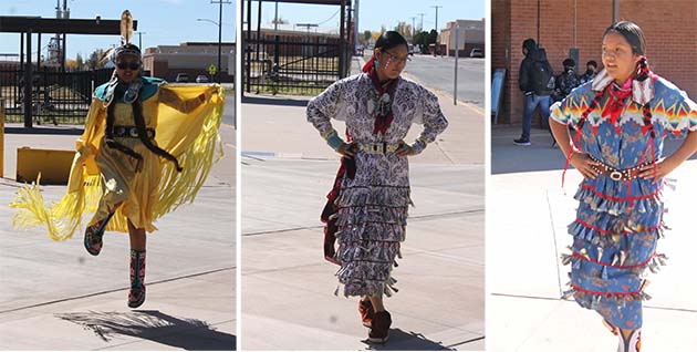 Photo by Deb LopezWinslow Junior High School celebrated Native American Month last week. Students (left to right) Cassius Tsosie, Jacee Mitchell and Courtlynn Tully wore traditional garments and danced for classmates and teachers.