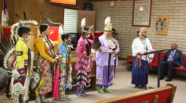 Photo courtesy of St. John Missionary Baptist ChurchSt. John Missionary Baptist Church of Holbrook celebrated Native American Heritage Month on the 21st on Nov. 21, during their morning worship service with a theme of “Celebrating Native Americans, A Nations of Proud Traditions.” The celebration consisted of traditional Navajo ceremonial dancing, reading of scripture and praying in the Navajo language and the enjoyment of Navajo food. The Holbrook Summer Dance Group performed the traditional ceremonial dancing.