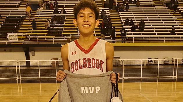 Photos courtesy of Holbrook High SchoolRoadrunner athletes shined during the Round Valley Round Ball Shootout held last week. Pictured are (left to right) Noah Brown, who was named Most Valuable Player, Brandon Tapaha was named to the boys’ All Tournament Team, Abigayle Nez was named to the girls’ All Tournament Team and Taylynn Spencer was named Most Valuable Player.