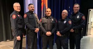 Photo courtesy of Holbrook Police DepartmentHolbrook Police welcome officers Joseph Montemayor (center) and Ryan Larson (far right) who graduated from the Northeast Arizona Law Enforcement Academy in Taylor last week. Also pictured are Police Chief Nathan Christensen (left), Officer Fernando Alvarado and Lieutenant Jedediah Koon (second from right). These new officers started their field training this week.