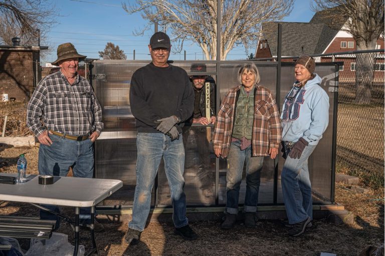 Photo by Richard LarsonA new 8’x24’ greenhouse is under construction at the Winslow Sweetland Community Garden. Volunteers are taking advantage of the sunny and windless workdays to complete the project. The work crew included (left to right) Dan Simmonds, Martin Gutierrez, Bruce Lazzarini, Linda Chambers, Berry Larson and Rich Larson (not pictured).