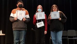 Photo courtesy of Winslow Unified School DistrictThe Winslow Unified School District held their spelling bee last week. Champion Aayden Roland of Winslow Junior High School (left) will join runner up Roan Wilke of Washington Elementary School (center) and Livia Palfy of Washington Elementary School (right) at the Navajo County Spelling Bee to be held in Snowflake on Feb. 13. Rounding out the top 10 finishers were (not pictured) Landen Johnson, Magnolia Carey, Josiah Sanchez, Tatum Henling, Lilyana Jones, Ayana Brinkley and Gabriel Gerber.