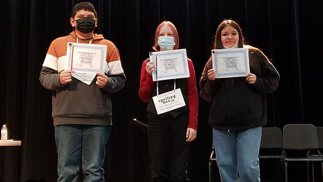 Photo courtesy of Winslow Unified School DistrictThe Winslow Unified School District held their spelling bee last week. Champion Aayden Roland of Winslow Junior High School (left) will join runner up Roan Wilke of Washington Elementary School (center) and Livia Palfy of Washington Elementary School (right) at the Navajo County Spelling Bee to be held in Snowflake on Feb. 13. Rounding out the top 10 finishers were (not pictured) Landen Johnson, Magnolia Carey, Josiah Sanchez, Tatum Henling, Lilyana Jones, Ayana Brinkley and Gabriel Gerber.