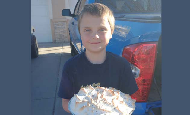 Photo courtesy of Joseph City Elementary SchoolIn celebration of National Pi Day last week Ayden Righi (left) and Paxton Bushman (right) were each presented with a pie for memorizing the most digits of Pi out of all the fifth and fourth grade students at Joseph City Elementary School. For Ayden it was a chocolate cream pie and Paxton wanted a lemon meringue pie. Students that memorized at least 10 digits of Pi, earned an engraved Pi pencil.