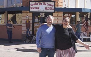 Photo by L. ParsonsDr. Nolan Stoltz visited Winslow last weekend to gather inspiration for his composition about the Mother Road. Here, he (left) and Mayor Roberta “Birdie” Cano (right) took it easy on the famous corner.