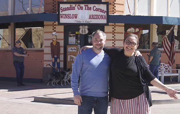 Photo by L. ParsonsDr. Nolan Stoltz visited Winslow last weekend to gather inspiration for his composition about the Mother Road. Here, he (left) and Mayor Roberta “Birdie” Cano (right) took it easy on the famous corner.