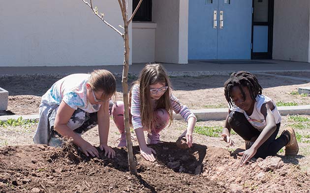 Photo by Talaina KorThe Arizona Public Service Forestry Team helped Joseph City Schools celebrate Arbor Day by educating students about appropriation vegetation along with gifting trees to both the elementary and junior/senior high school, which were planted with the help of students at the elementary school including (left to right) Mina Colligon, Taylor Young and Jakayla Allmond. “Every year our forestry team tries to do something in celebration of Arbor Day,” stated Janet Dean. “We also try to help educate about our efforts around planting trees in appropriate places around things like powerlines and other electrical equipment.” Children were also given wildflower seed packets and a coloring book by Navajo/Diné artist Jara Nez.