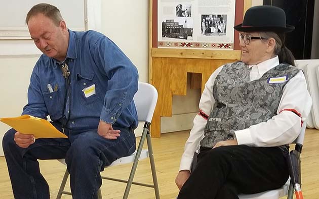 Photo by L. ParsonsRobin White (left) portrayed Bucky Bronco to Connie Gover’s (right) Tinny Music in the “Who Shot the Deputy?” murder mystery dinner last week.