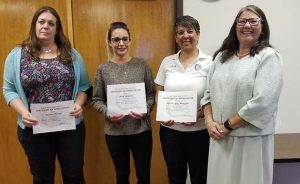 Photo by L. ParsonsThe Winslow Unified School District Governing Board recognized the employees of the month of March. Pictured are (left to right) Tamara Dooley, substitute teacher; Mica Vasquez, Bonnie Brennan secretary; Deb Lopez, Winslow Junior High School Principal; and Superintendent Connie Gover. Not pictured was Leroy Thomas, WJHS math/science teacher.