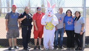 Photo courtesy of Peggy ReidHolbrook’s community Easter event had many helpers including (left to right) Paul Agramont, Ray Patterson, Nick Salazar, Jazmine Agramont, Brian Reid, Peggy Reid and Monica Sanchez. Local residents and businesses donated funds to make sure there was plenty of prizes for kids that participated.