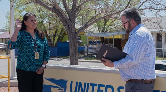 Photo by Talaina KorManager of Post Office Operations Joshua Garret (right) came to Holbrook to swear Holbrook's new Postmaster Nancy Tom (left) into office.