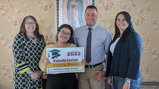 Photo courtesy of Winslow High SchoolWinslow senior Victoria Breeze has earned co-valedictorian of the Class of 2022. Victoria is the daughter of Tom and Felicia Breeze and has plans to attend Fort Lewis College. Also pictured is Superintendent Connie Gover (left), Principal Sal Hernandez (second from right) and Assistant Principal Kourtney Hendricks.