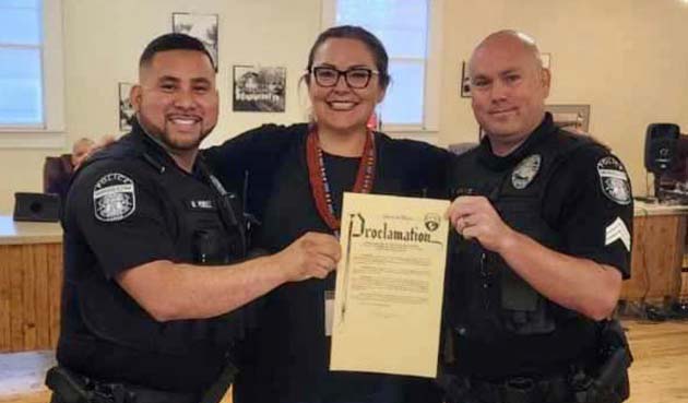 Photo by Ken ArendWinslow Mayor Roberta “Birdie” Cano (center) proclaimed May 11-15 as National Police Week in Winslow. Officer Nicholas Perez (left) and Sergeant Caleb Davis (right) were in attendance to receive the proclamation.