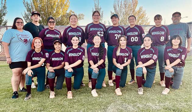 Photo by Shannon WilcoxThe Winslow Little League Senior Girls team pulled off a repeat state championship with a 12-2 win against Blythe last week. The team will now advance to the Western Regional Championship tournament to be held in Missoula, Mont., beginning July 21. The players include (front row) Peyton Baker, Liayana Brown, Angela Salazar, Kendra Ybarra, Ariana Mendoza, Brooklyn Peterson and Haily Polelonema, (back row) Coach Kaylee Salazar, Coach Jorge Sander, Cassius Schultz, Aiden Dickson, Kyah Wilcox, Ara Leonard, Lorelai Sander, Jewel Ben and Coach Brian Wilcox.