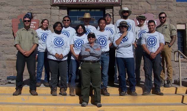 Photo courtesy of PFNPThe Petrified Forest National Park provides youth with employment, comradery and opportunities for accomplishment with the Youth Conservation Corps. Pictured are (front row) PFNP employee Polly Barela, (middle row, left to right) Arizona Conservation Corps (AZCC) leader Luke Pailet, YCC workers Cherie Attakai, Callie Etsitty, Mayson Spencer, Andrew Takala, Dillon Ohlson, (back row) Ema Tartsah, Grace Long, Samuel Paschal, Kenyon Mahkewa, Skylar Joe, Dillon Brewer and AZCC leader Luke Heberer.