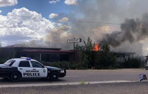 Photos by Linda KorA building at the abandoned Star Inn, located at 1009 W. Hopi Drive, was engulfed in flames on Thursday, July 28. Fire personnel from Holbrook, Joseph City and Winslow were on hand to battle the blaze, were able to contain the fire to the one building and kept it from spreading to the apartments behind the structure or the vacant building to the east. According to HVFD Chief Alex Baker, there was no definitive cause. “There was no electricity or gas service to the building, and it is suspected that someone started a fire and either didn’t put it out or left it burning.”