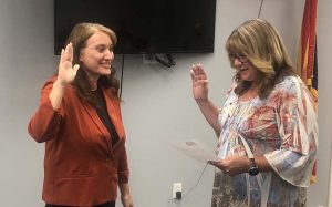 Photo by Linda KorKathleen Smith (left) was sworn in as the new mayor of Holbrook on Tuesday by City Clerk Lisa Hunt (right), stepping in to replace former mayor Merrill Young.