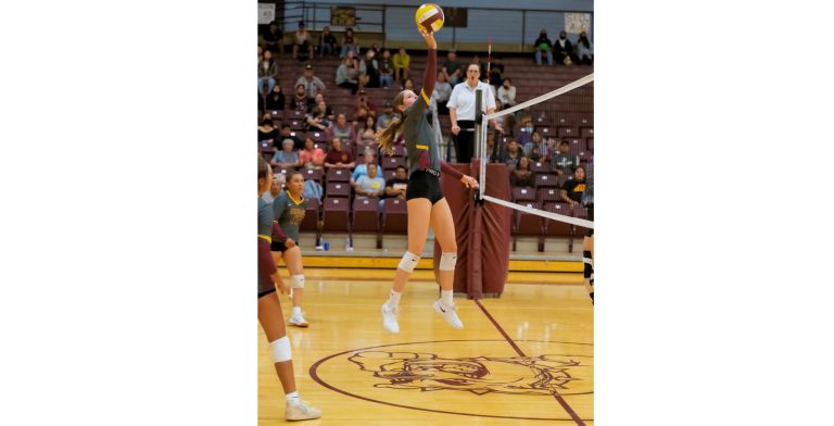 Photo by Richard LarsonWinslow Bulldog girls varsity volleyball beat Chino Valley in three sets to win the match last week. No. 3 Brynlee Barris spikes the ball in the Dog’s first match of the season.