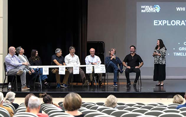 Photo by Richard LarsonInnovators from World Homes Initiative held a panel discussion last week to allow the public to ask questions about their proposed developments in Winslow. The panel consisted of (left to right) Charles Hedensten, Juan Sandoval, Marla Berger, Michael Melendrez, Roland Stanich, Courtney Rogers, RJ Young and Scott Berger. It was moderated by Olivia Todd (far right).