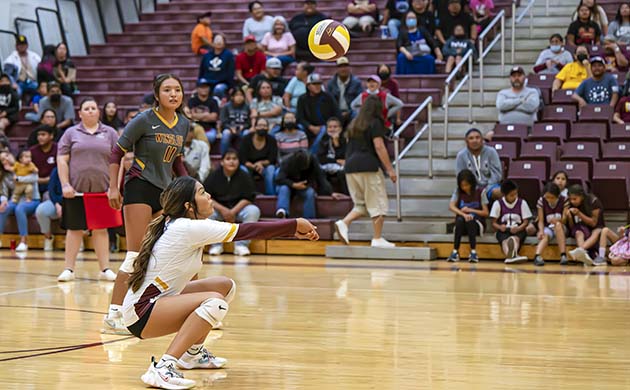 Photo by Richard LarsonLady Bulldog No. 7 Joslyn Nells returns the serve from Monument Valley in last week’s volleyball action.