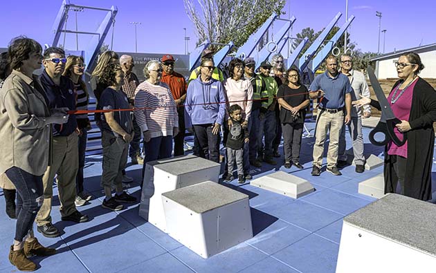 Photo by Richard LarsonMayor Roberta “Birdie” Cano (right) officiated the ribbon cutting ceremony for the new Winslow Outdoor Fitness Court on Oct. 18. The court is located beside the racquetball courts in the Hayden Walton Sports Complex.