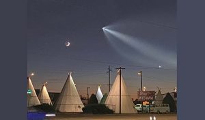 Photo by Brandon FisherArea residents may have suspected a visit from an extraterrestrial being if they spotted this object as it lit up the sky on Oct. 27, as shown in this photo over the Wigwam Motel in Holbrook. In reality it was the SpaceX Falcon 9 that launched from Space Launch Complex at Vandenberg Space Force Base in California as it delivered 53 Starlink satellites to low-Earth orbit.