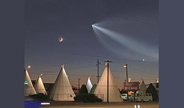 Photo by Brandon FisherArea residents may have suspected a visit from an extraterrestrial being if they spotted this object as it lit up the sky on Oct. 27, as shown in this photo over the Wigwam Motel in Holbrook. In reality it was the SpaceX Falcon 9 that launched from Space Launch Complex at Vandenberg Space Force Base in California as it delivered 53 Starlink satellites to low-Earth orbit.