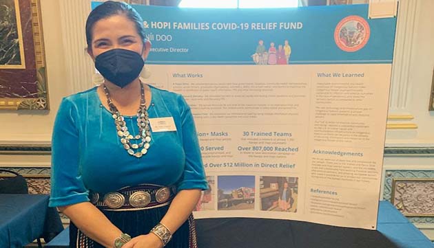 Photo courtesy of The Navajo & Hopi Families COVID-19 Relief FundRelief Fund Founder and Executive Director Ethel Branch represented the organization at the White House Summit on COVID-19 Equity. Branch presented a poster that detailed the conditions, methods, services delivered, and lessons learned based on the organization's delivery of direct relief to Navajo and Hopi communities during the pandemic.