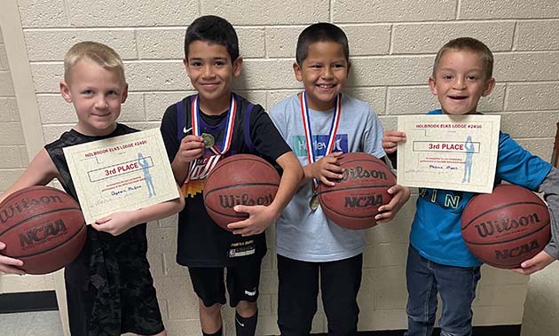 Photos courtesy of the Holbrook Elks LodgeWinners in the 8 to 9-year-old boy’s category of the Elks Hoop Shoot include (left to right) Captain McGee, third place; Isaac Sandoval, second place; Ethan Jackson, first place; and Tristen Mann, third place.