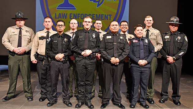 Photo courtesy of Northland Pioneer CollegeOfficers who graduated from NALETA and their instructors include (left to right) RTO Justin Weller, officers Jonathan Bourassa, Ismael Amaya-Molina, Jacob Newsome, Ronald Linstra, Michael Pearce, Byron Loas, Jarrod Toadecheenie, Amber Shelendewa, Jesse McCray and Class Supervisor Sgt. Pete Salazar.